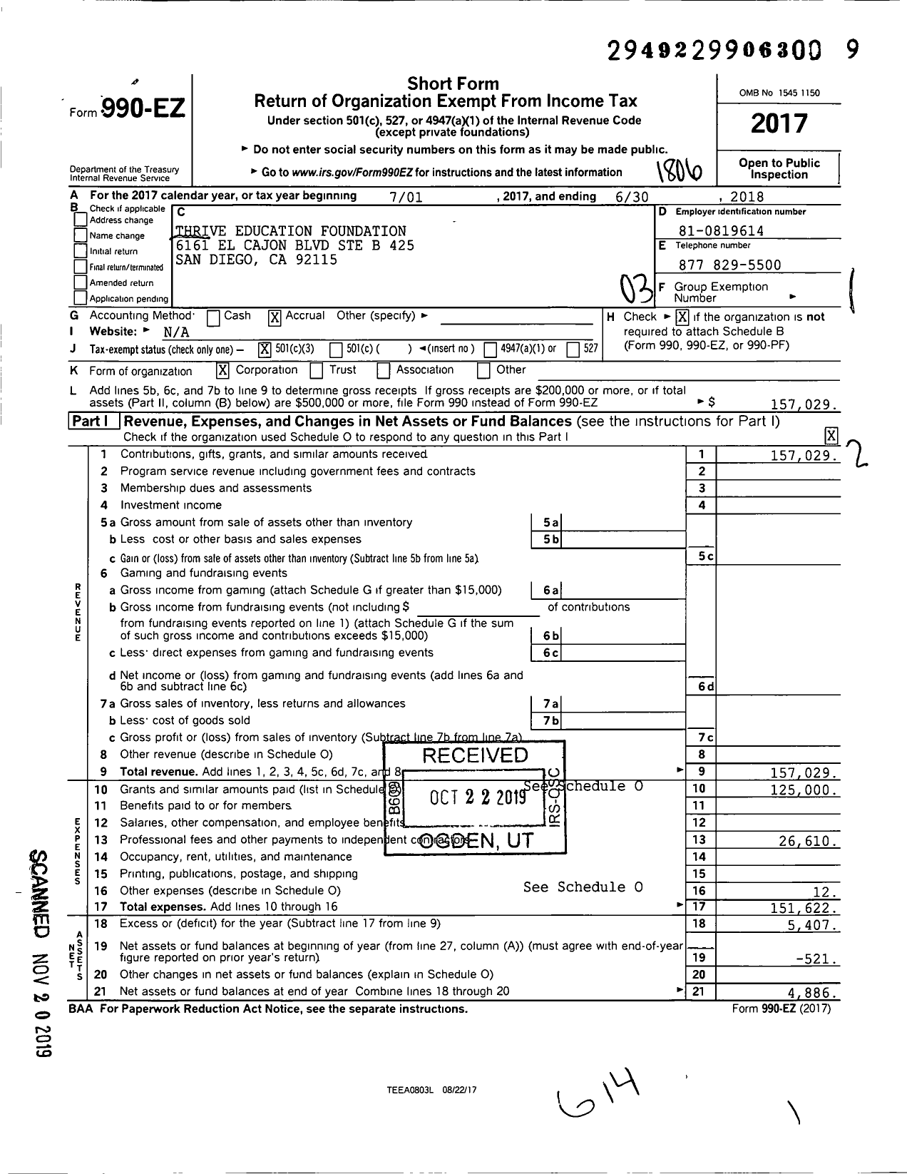 Image of first page of 2017 Form 990EZ for Thrive Education Foundation