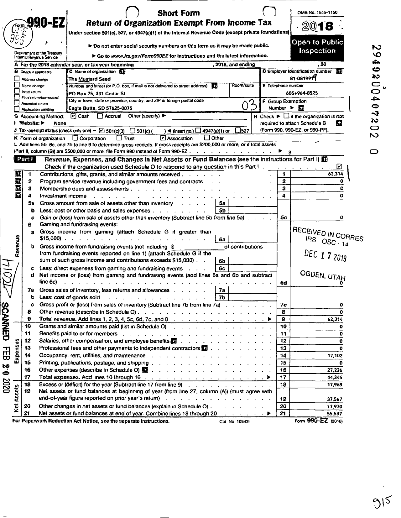 Image of first page of 2018 Form 990EZ for Mustard Seed