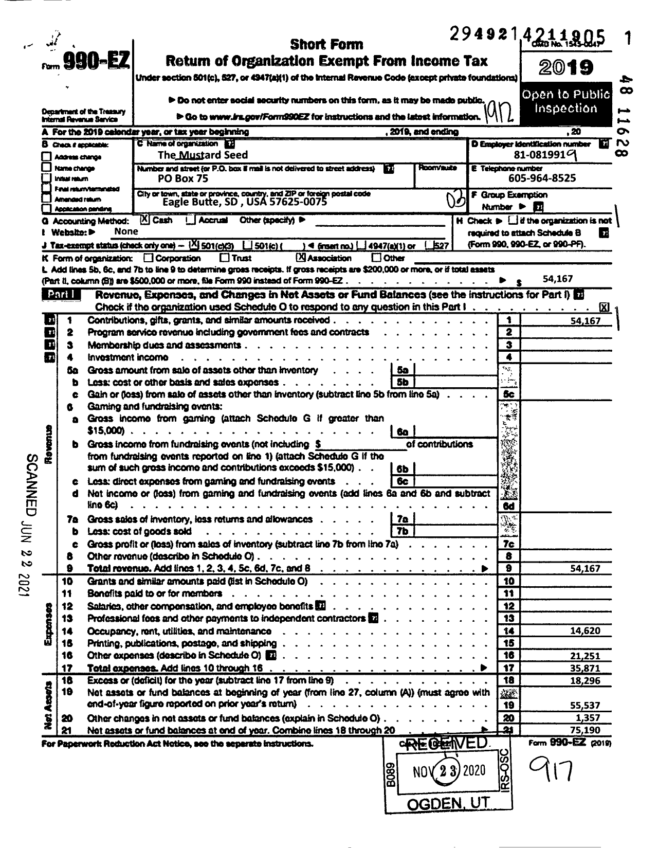 Image of first page of 2019 Form 990EZ for Mustard Seed