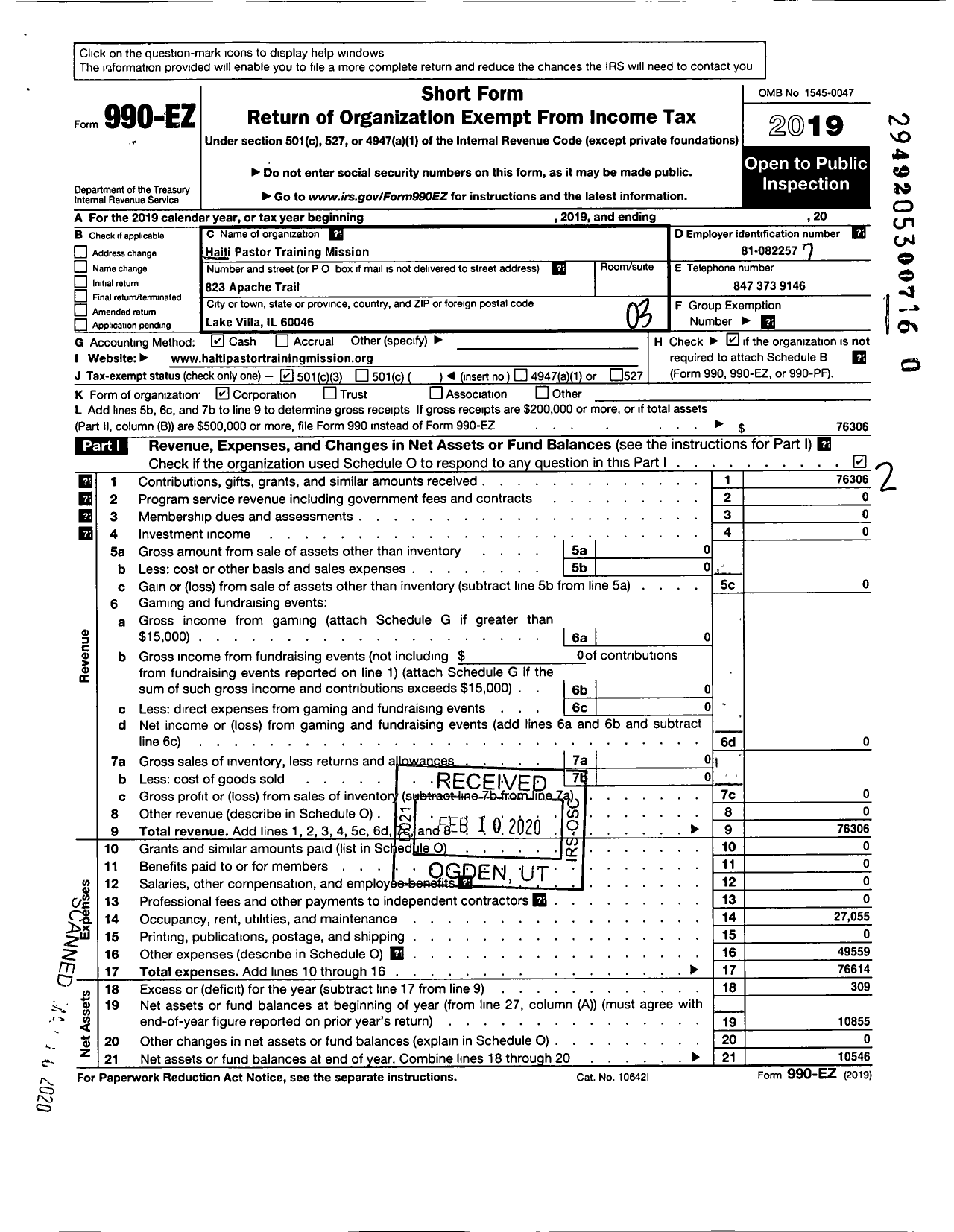 Image of first page of 2019 Form 990EZ for Haiti Pastor Training Mission