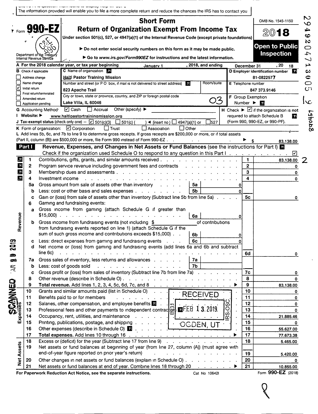 Image of first page of 2018 Form 990EZ for Haiti Pastor Training Mission