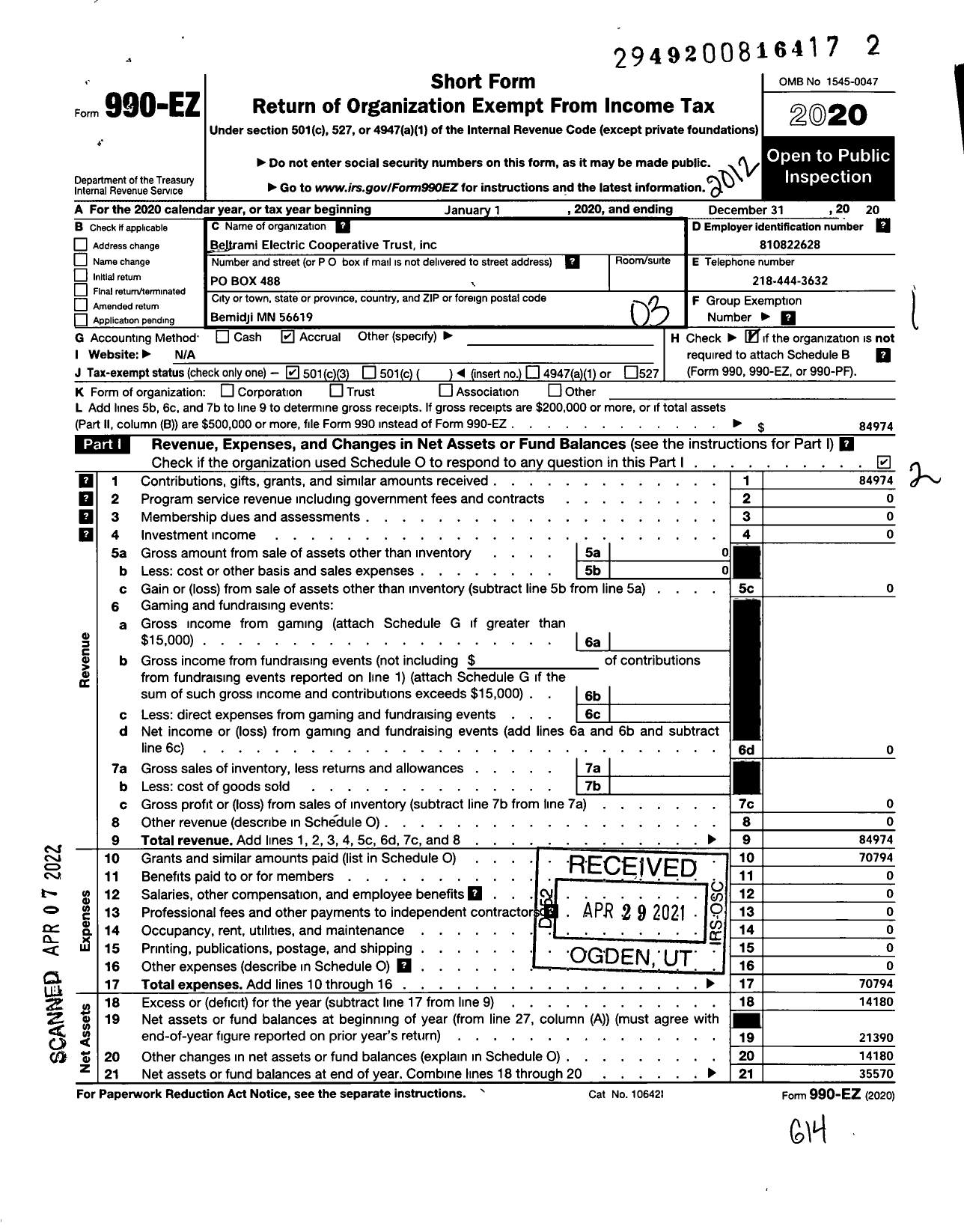 Image of first page of 2020 Form 990EZ for Beltrami Electric Cooperative Trust