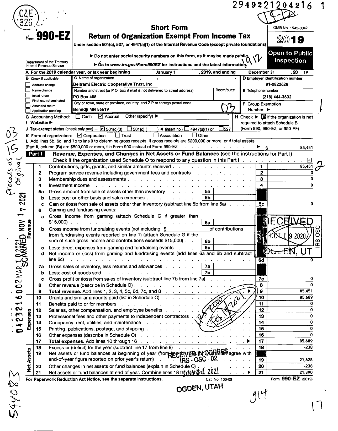 Image of first page of 2019 Form 990EZ for Beltrami Electric Cooperative Trust