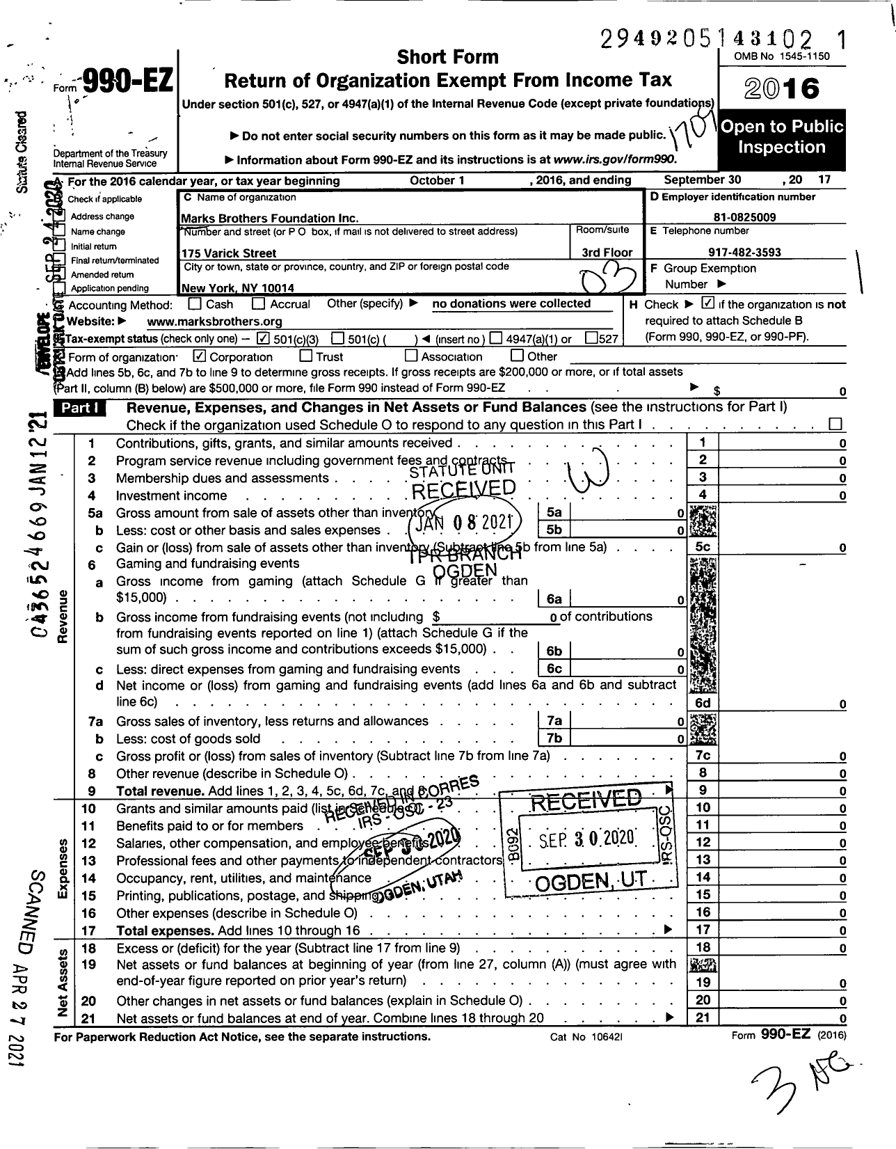 Image of first page of 2016 Form 990EZ for Marks Brothers Foundation