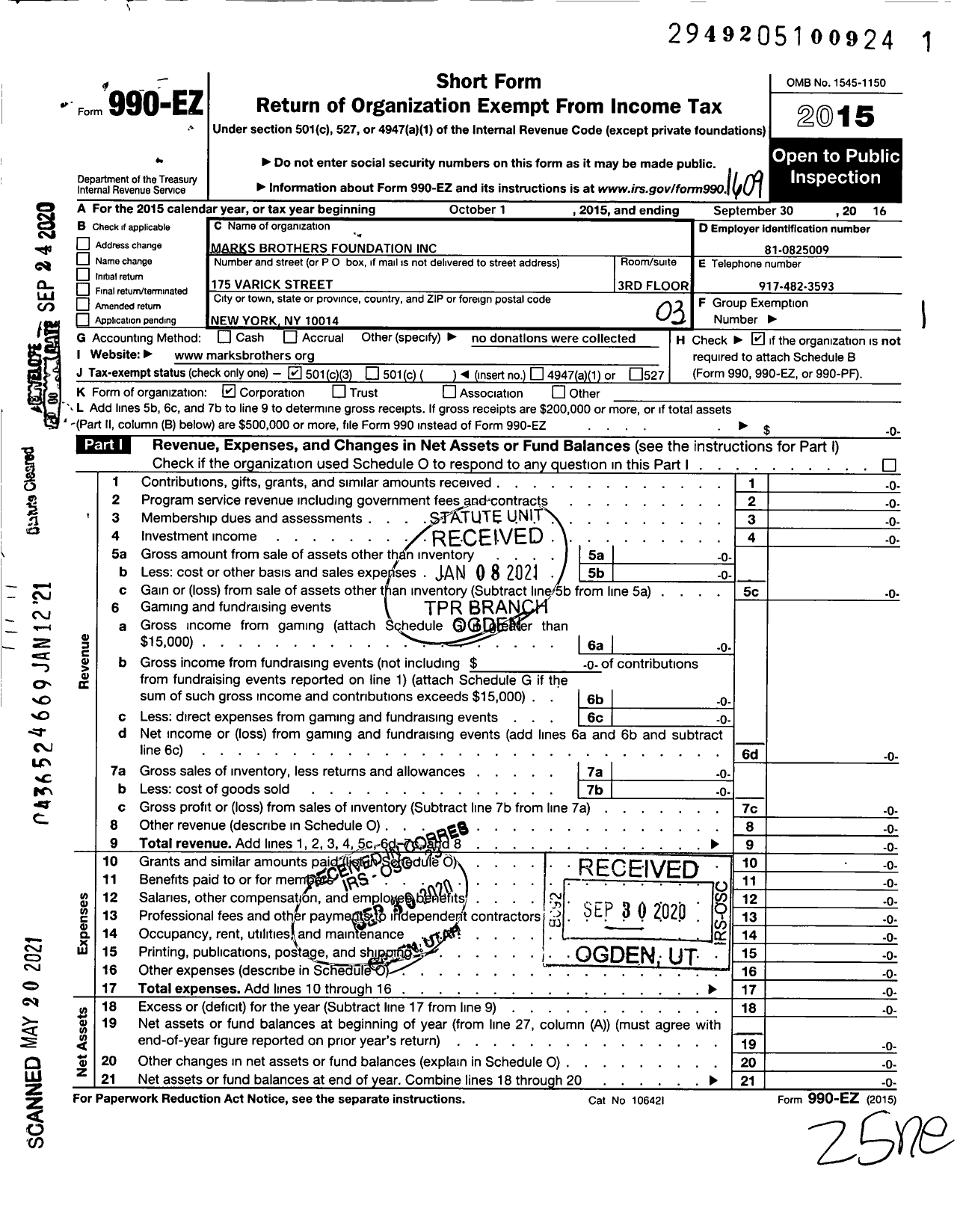 Image of first page of 2015 Form 990EZ for Marks Brothers Foundation