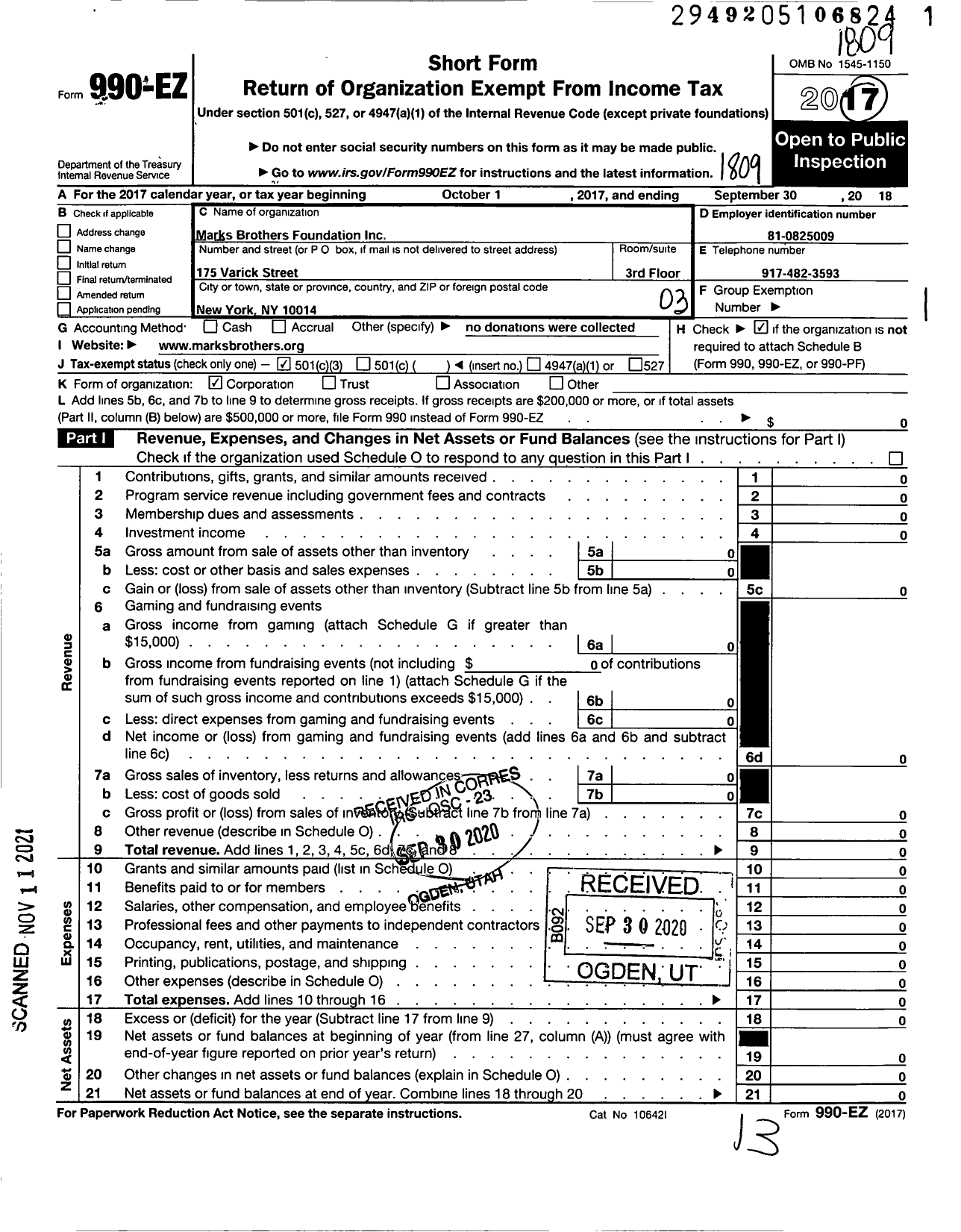 Image of first page of 2017 Form 990EZ for Marks Brothers Foundation