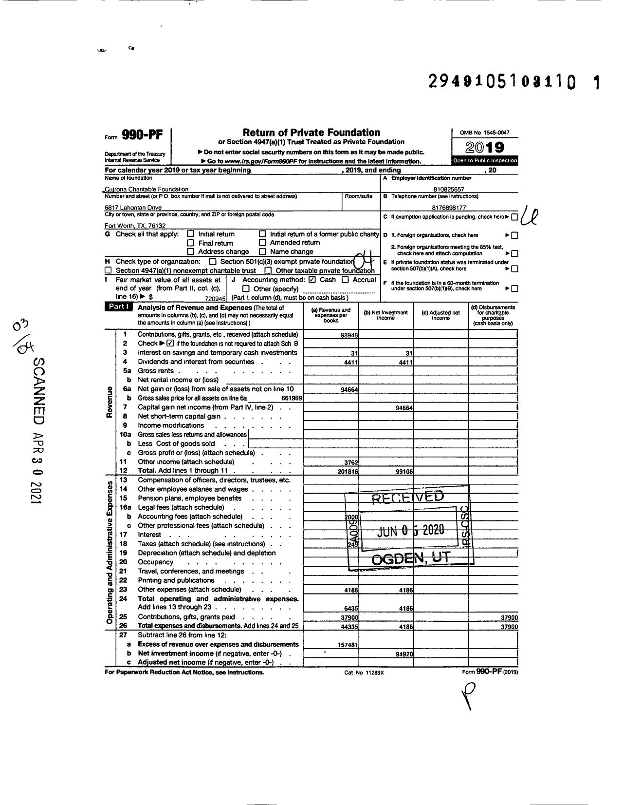 Image of first page of 2019 Form 990PF for Cutrona Charitable Foundation