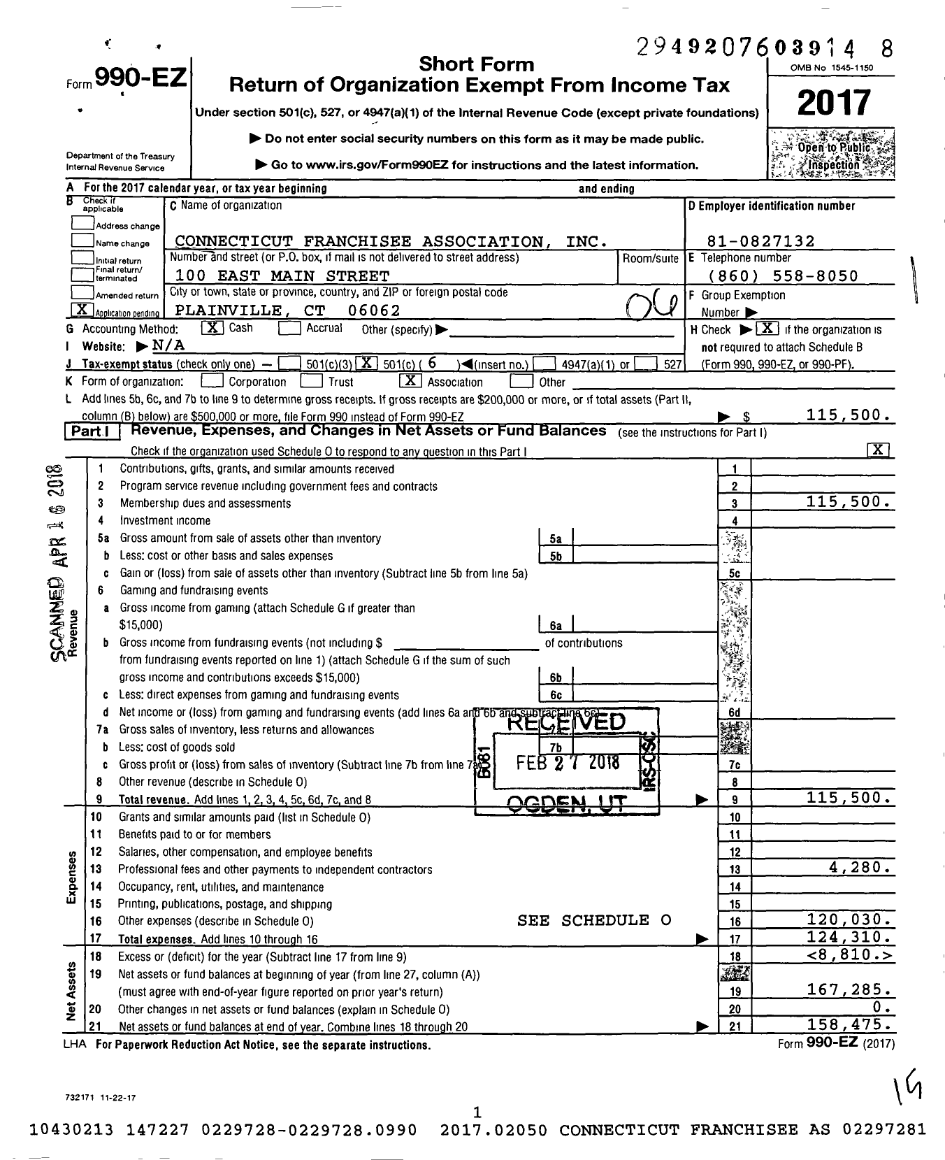 Image of first page of 2017 Form 990EO for Connecticut Franchisee Association