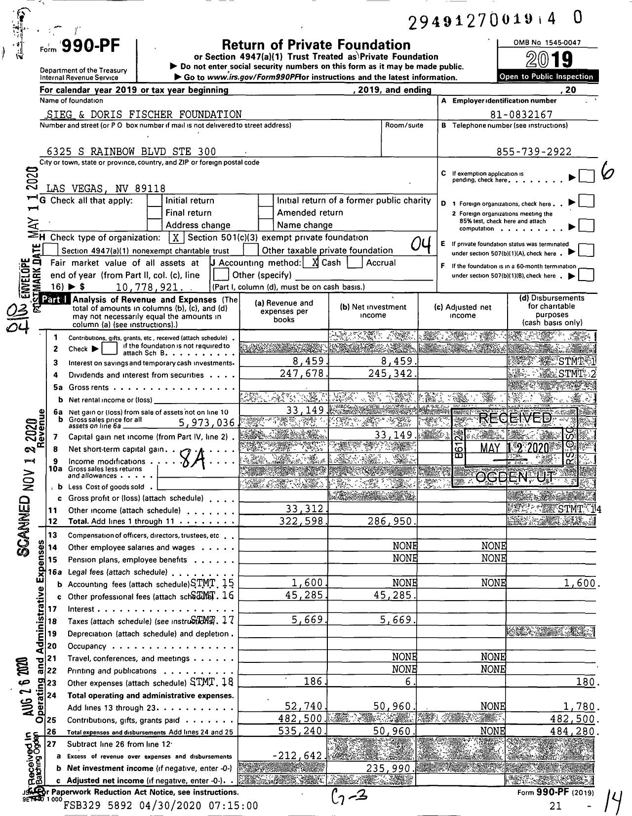 Image of first page of 2019 Form 990PF for Sieg & Doris Fischer FDN-AGY-MAIN