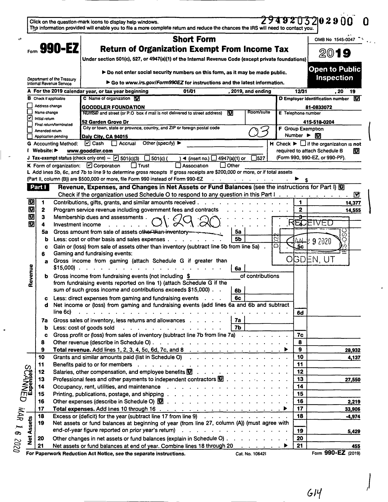 Image of first page of 2019 Form 990EZ for Gooddler Foundation