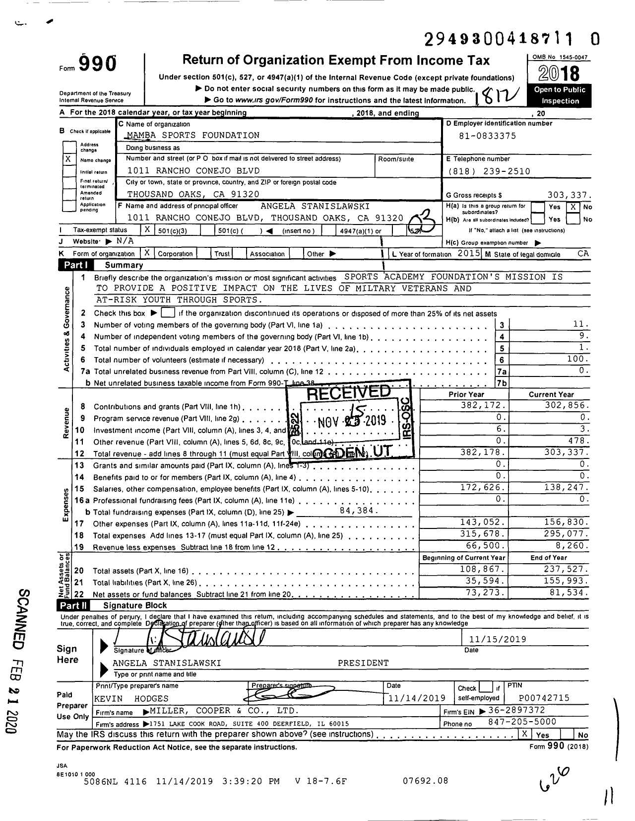 Image of first page of 2018 Form 990 for Mamba and Mambacita Sports Foundation