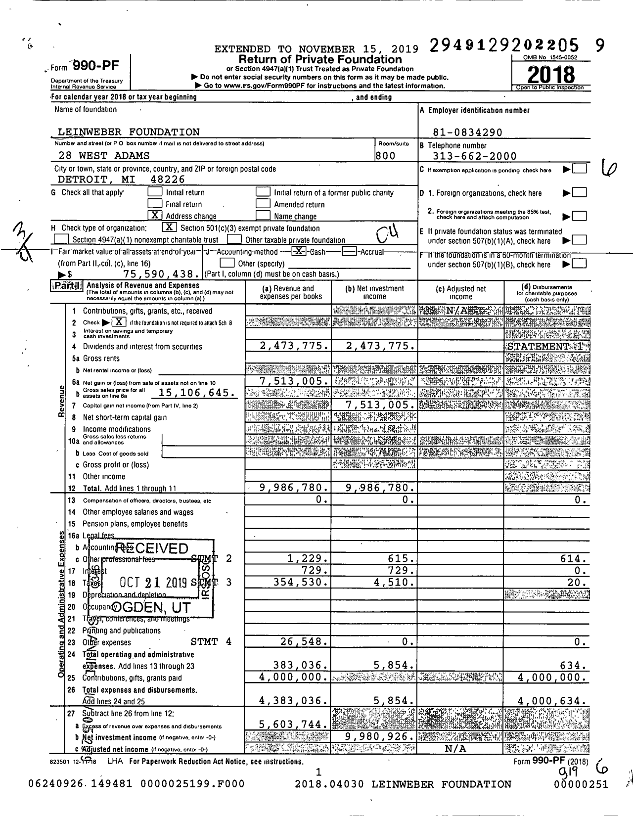 Image of first page of 2018 Form 990PF for Leinweber Foundation