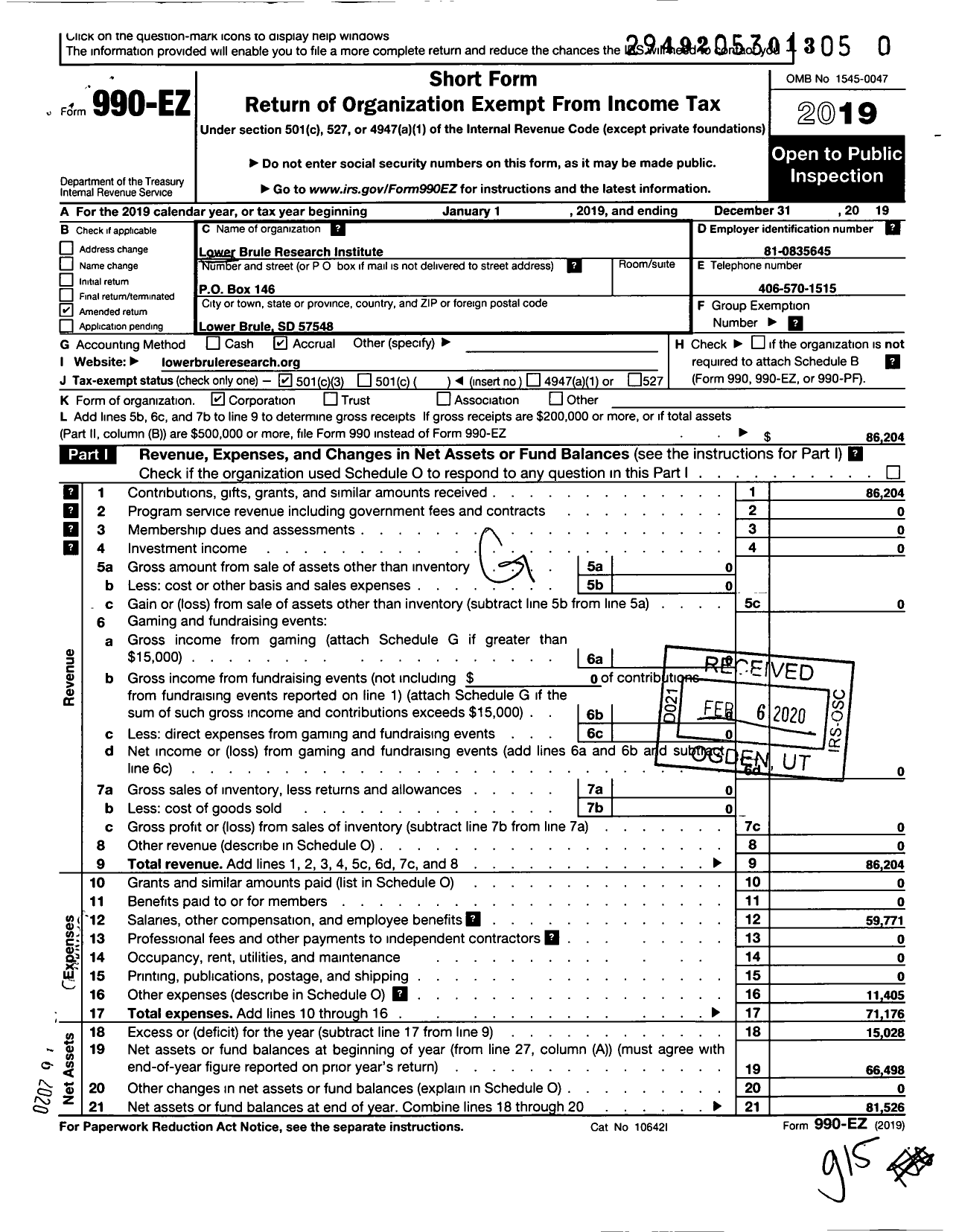 Image of first page of 2019 Form 990EZ for Kul Wicasa Wopasi