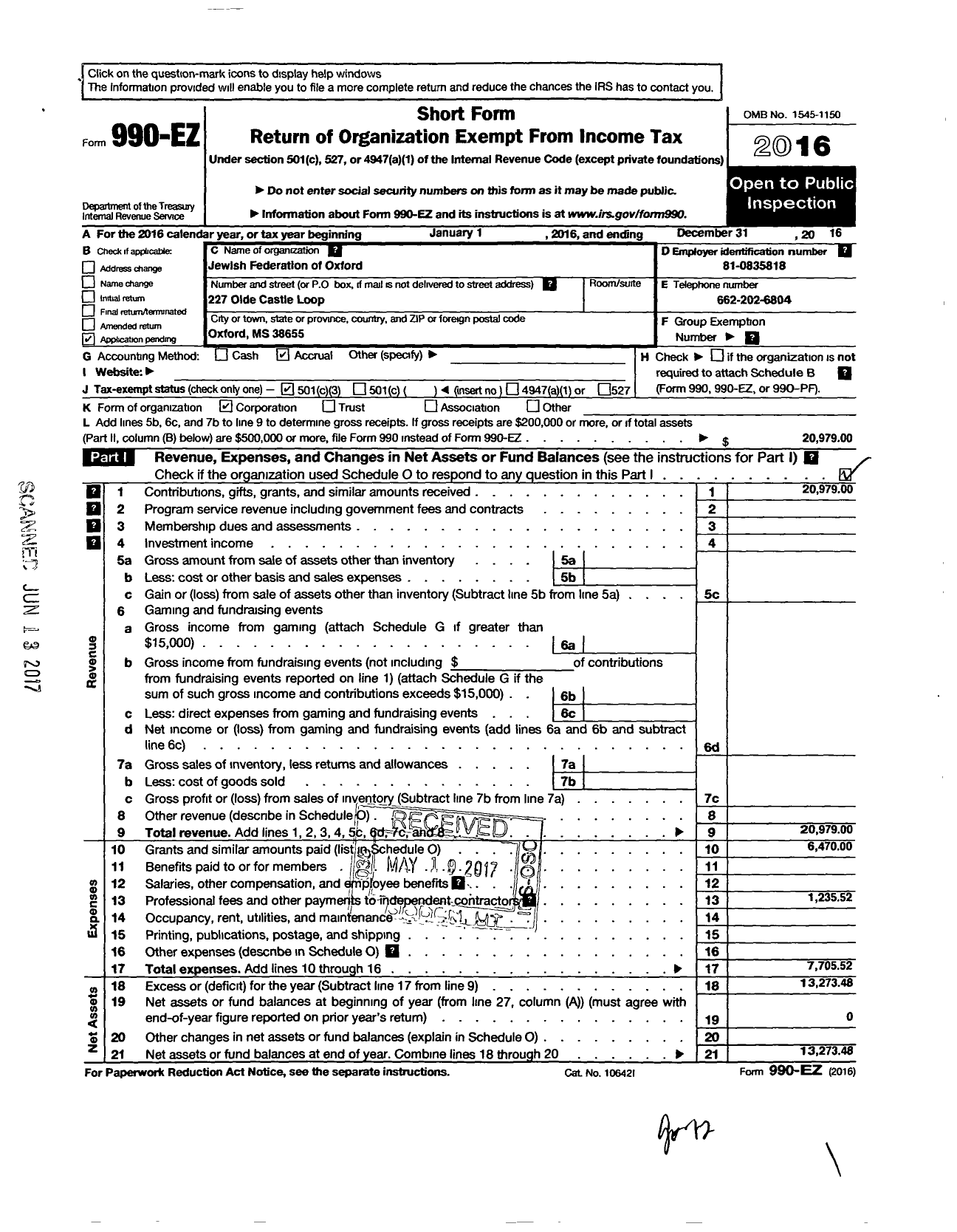 Image of first page of 2016 Form 990EZ for Jewish Federation of Oxford