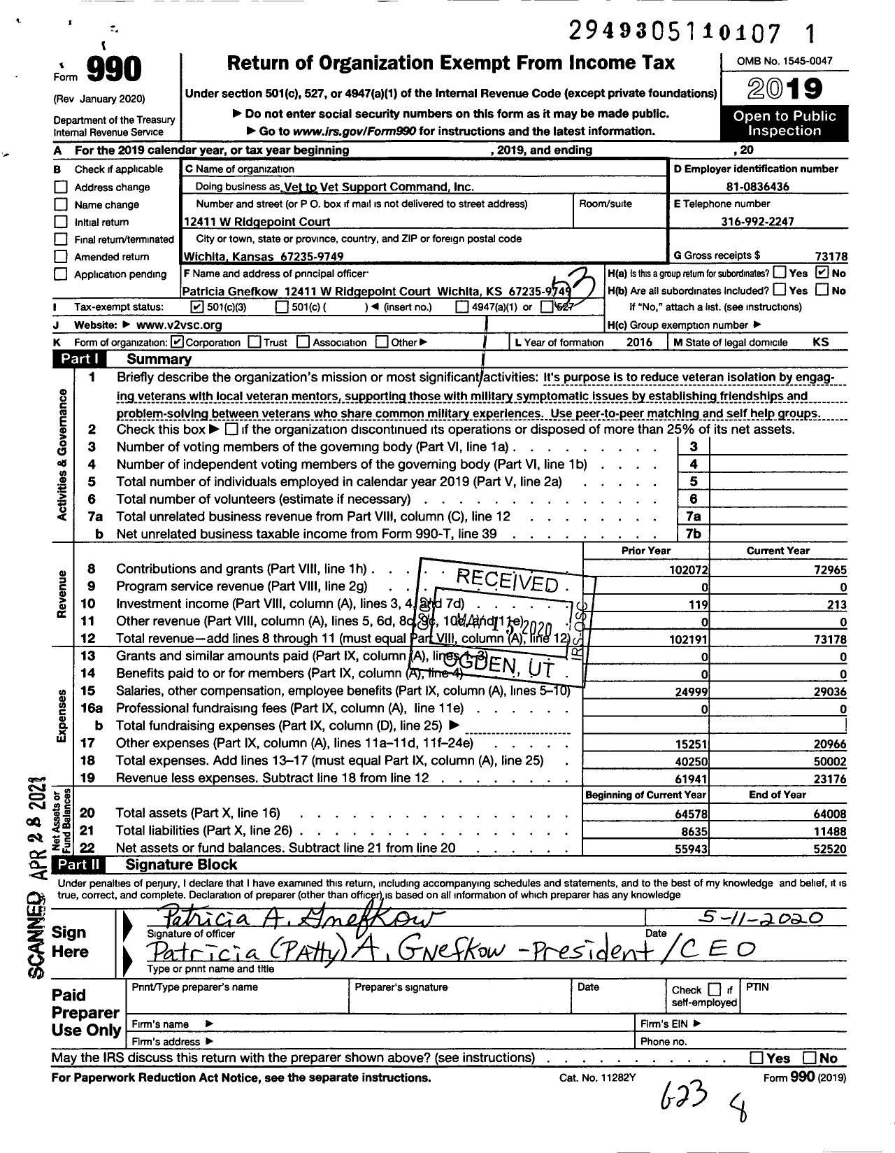 Image of first page of 2019 Form 990 for Vet To Vet Support Command