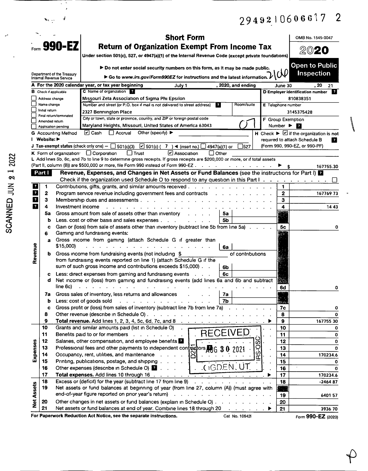 Image of first page of 2020 Form 990EO for Missouri Zeta Alumni Association of Sigma Phi Epsilon Fraternity