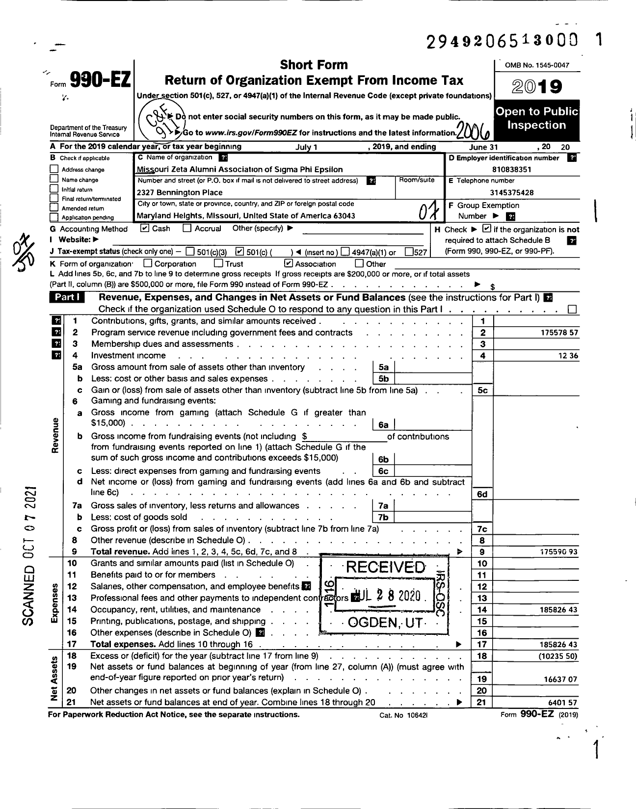 Image of first page of 2019 Form 990EO for Missouri Zeta Alumni Association of Sigma Phi Epsilon Fraternity