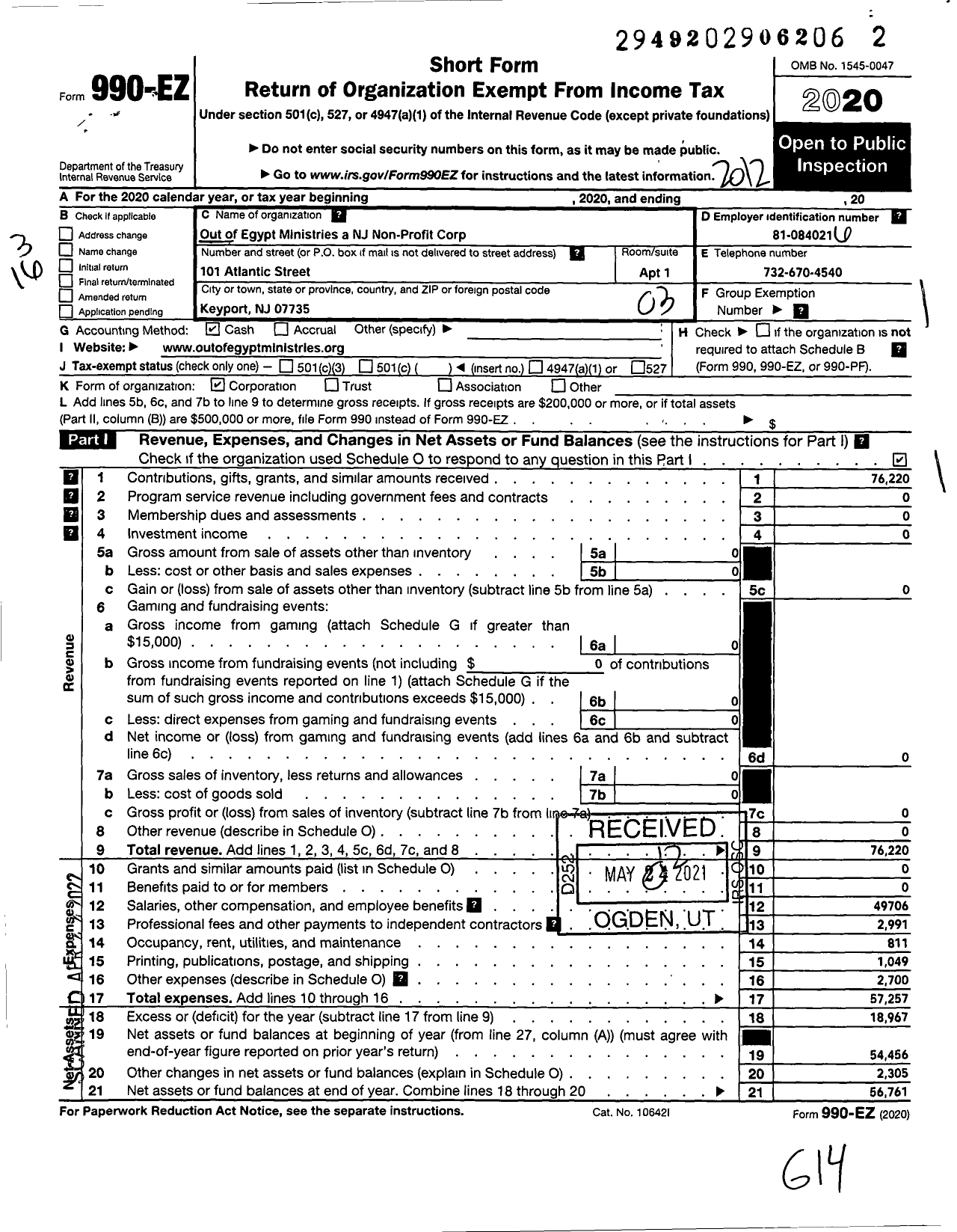 Image of first page of 2020 Form 990EZ for Out of Egypt Ministries A NJ Nonprofit Corporataion