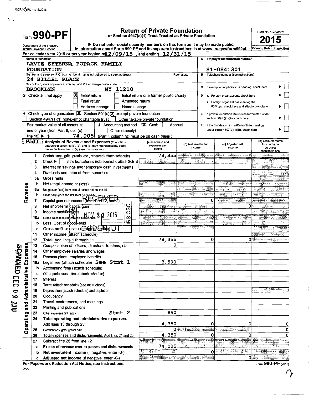 Image of first page of 2015 Form 990PF for Lavie Shterna Popack Family Foundation