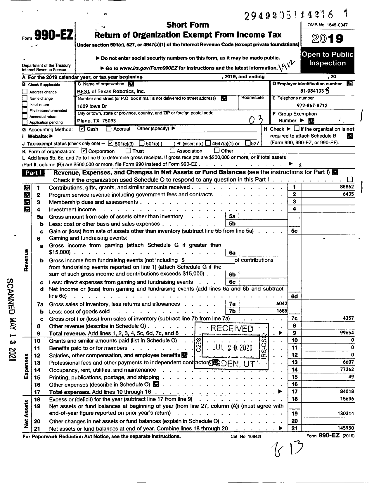 Image of first page of 2019 Form 990EZ for Best of Texas Robotics