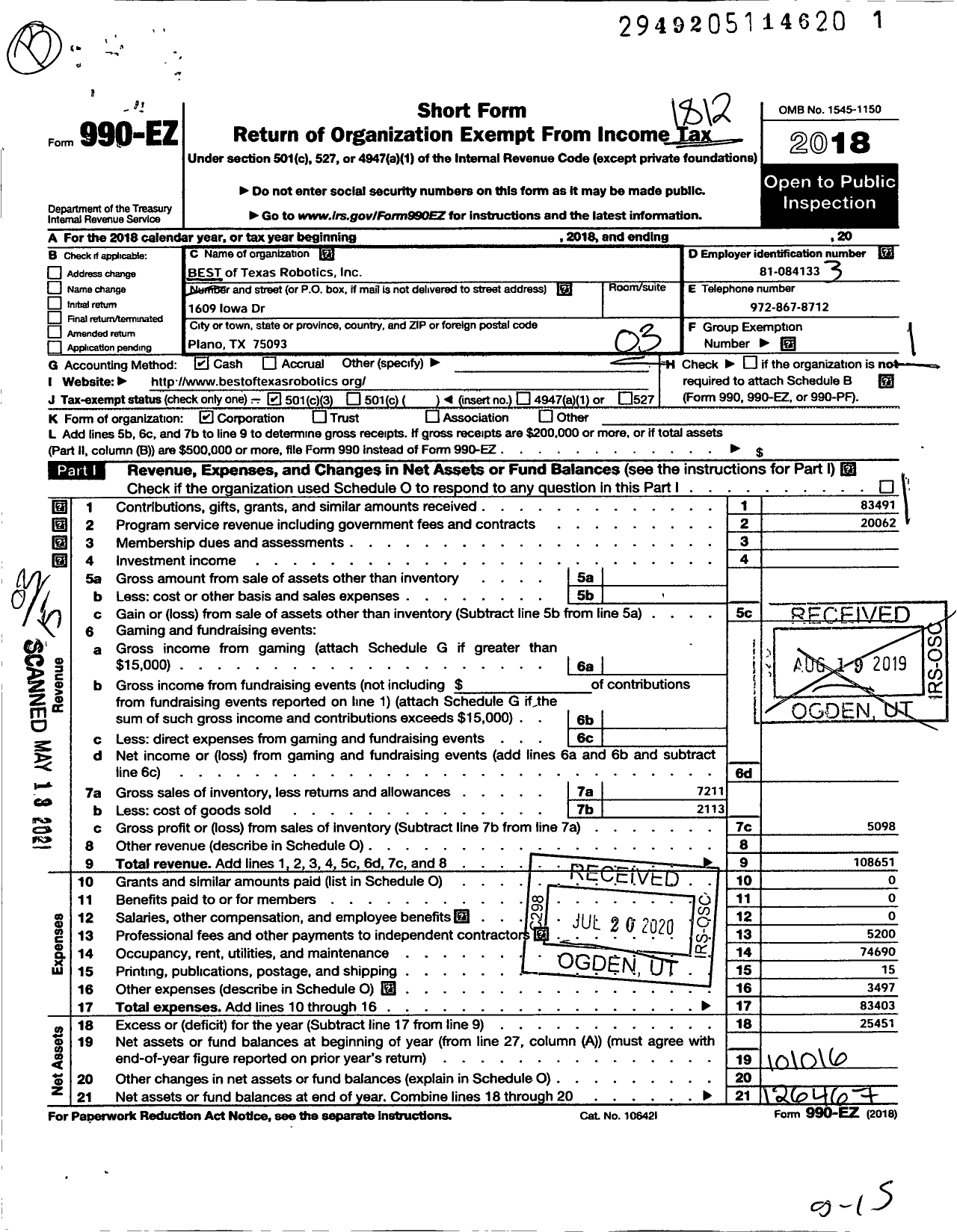 Image of first page of 2018 Form 990EZ for Best of Texas Robotics