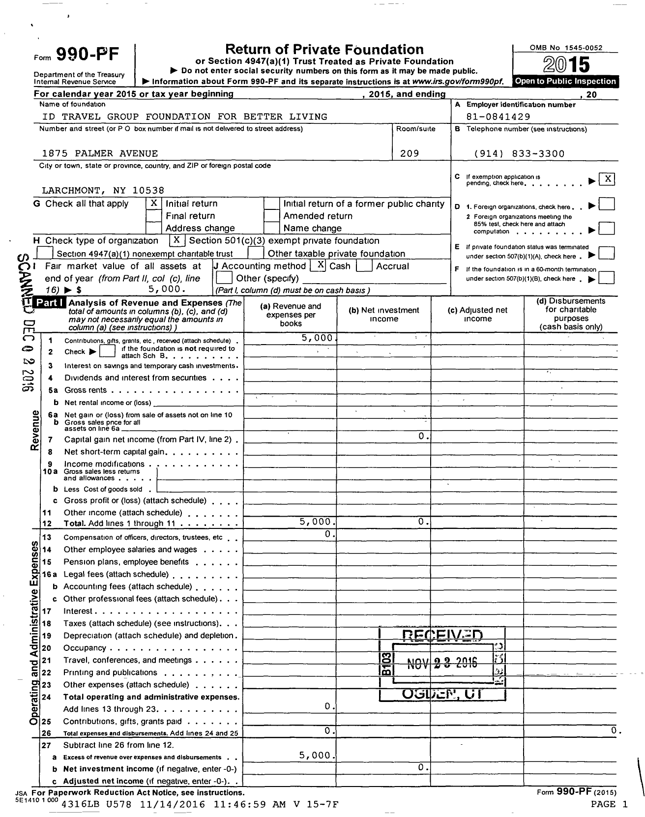 Image of first page of 2015 Form 990PF for Id Travel Group Foundation for Better Living