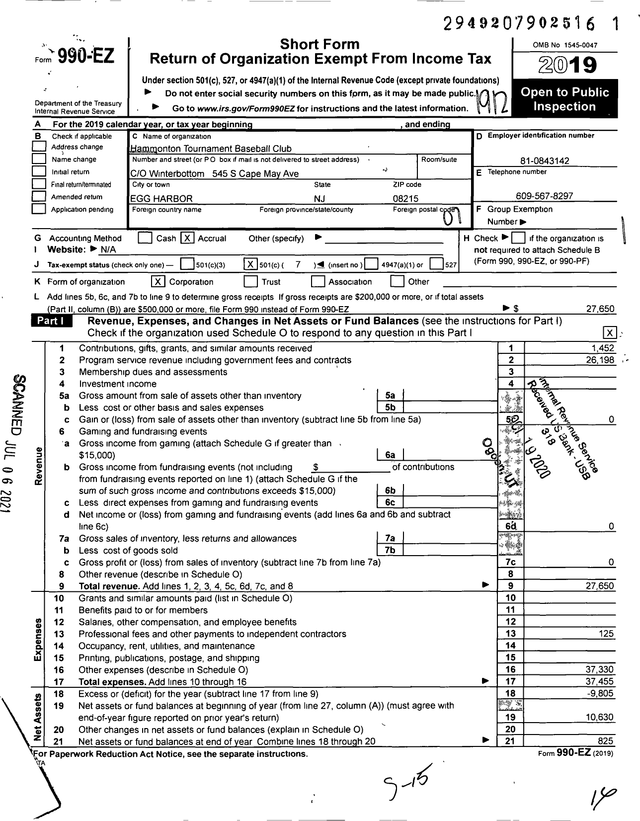 Image of first page of 2019 Form 990EO for Hammonton Tournament Baseball Club