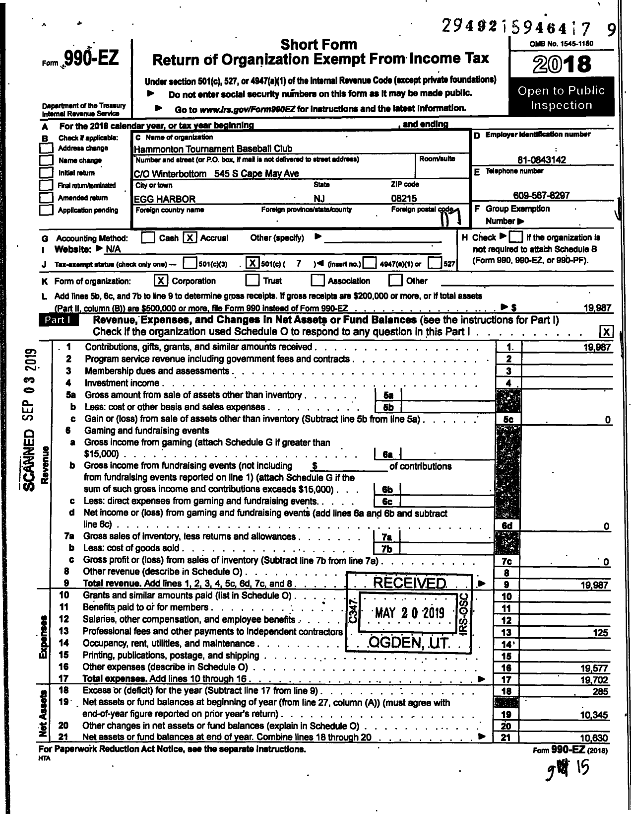 Image of first page of 2018 Form 990EO for Hammonton Tournament Baseball Club