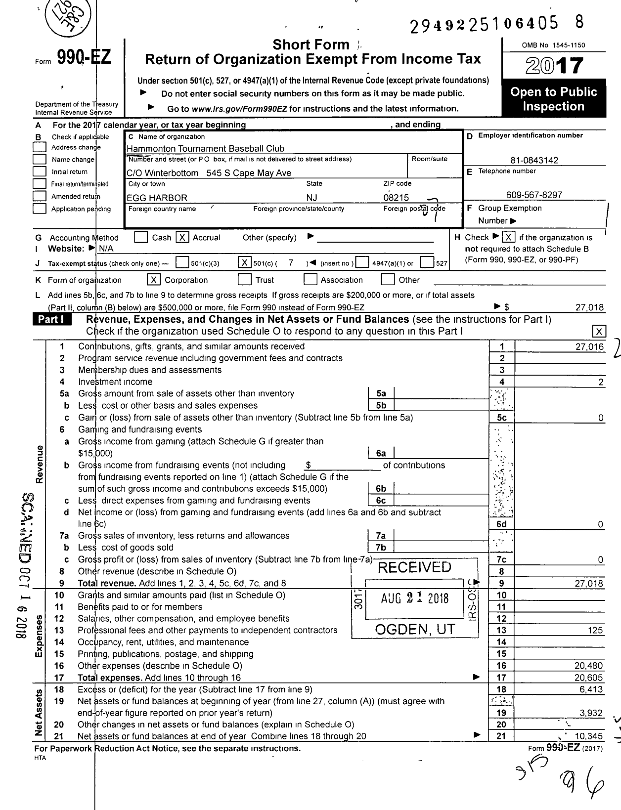 Image of first page of 2017 Form 990EO for Hammonton Tournament Baseball Club