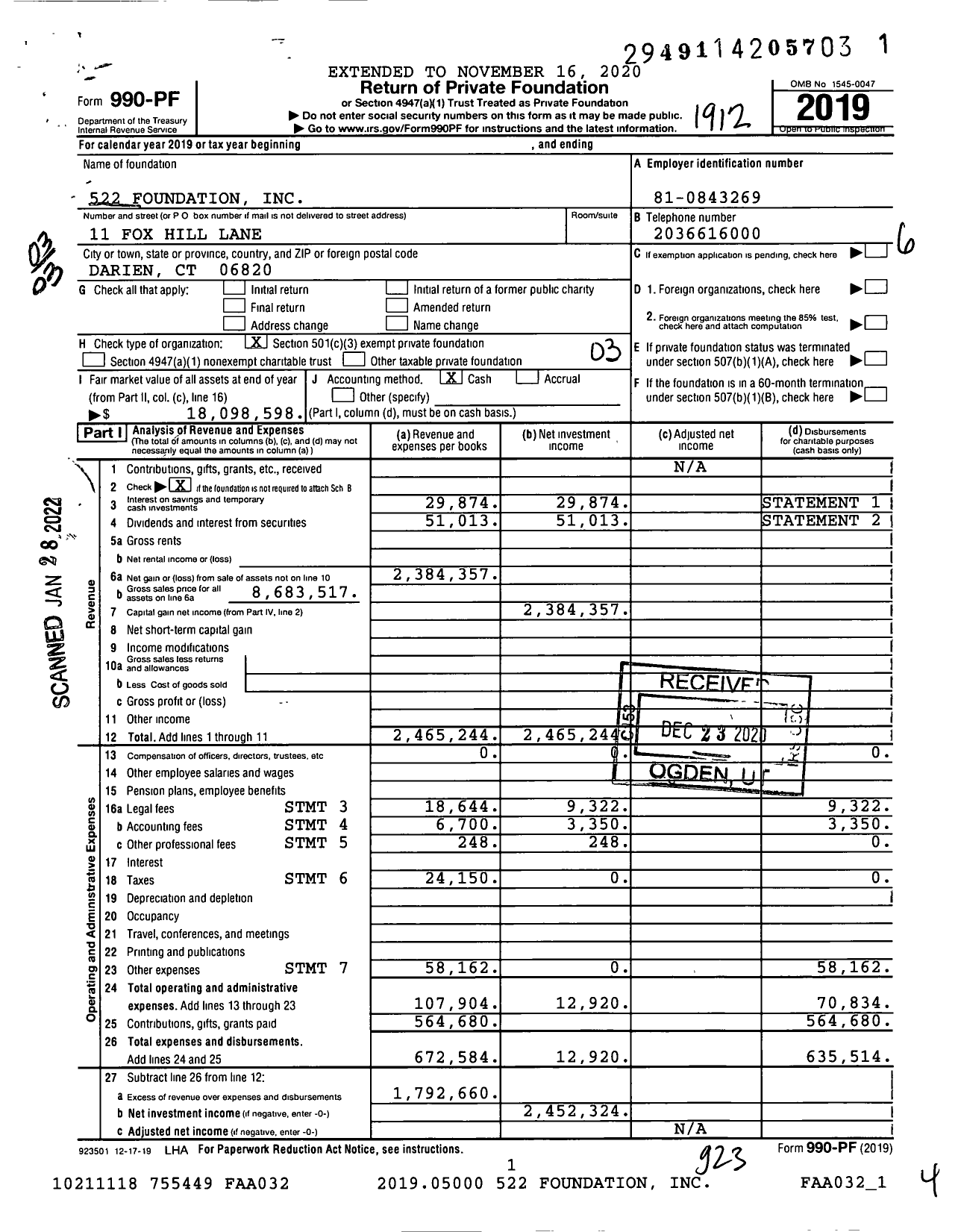 Image of first page of 2019 Form 990PF for 522 Foundation