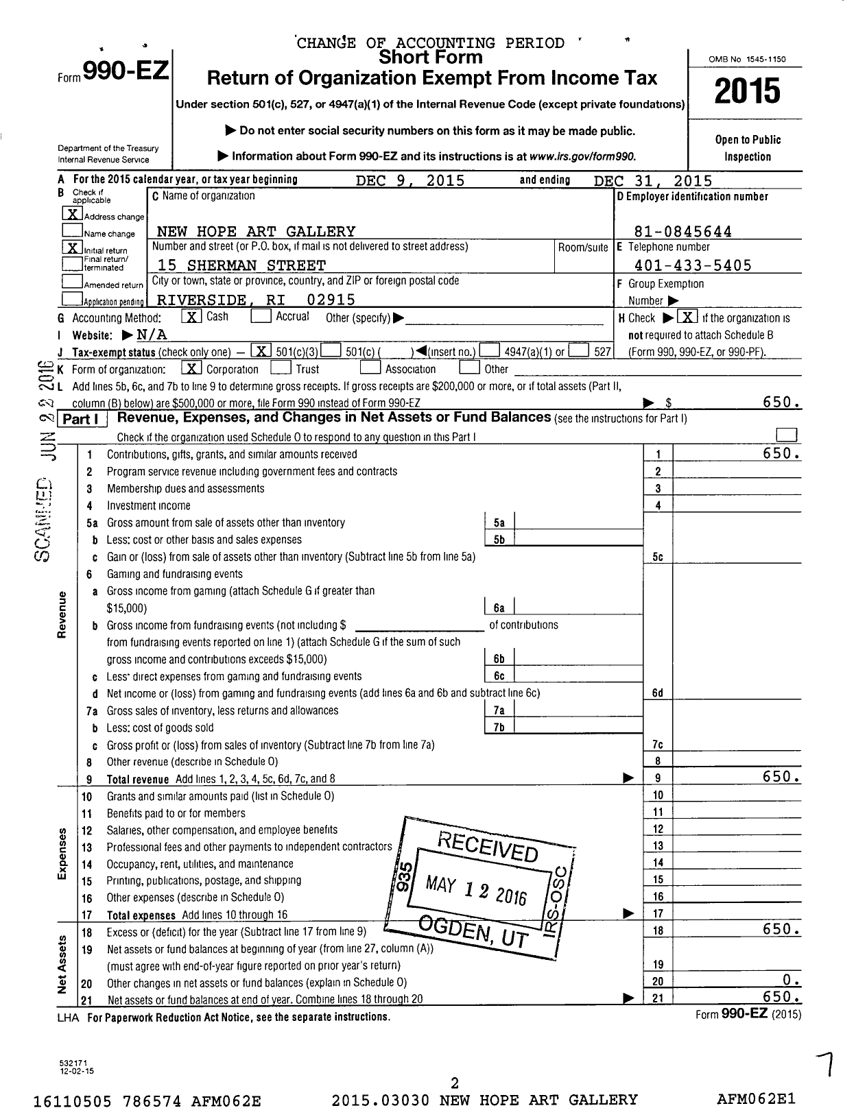 Image of first page of 2015 Form 990EZ for New Hope Art Gallery