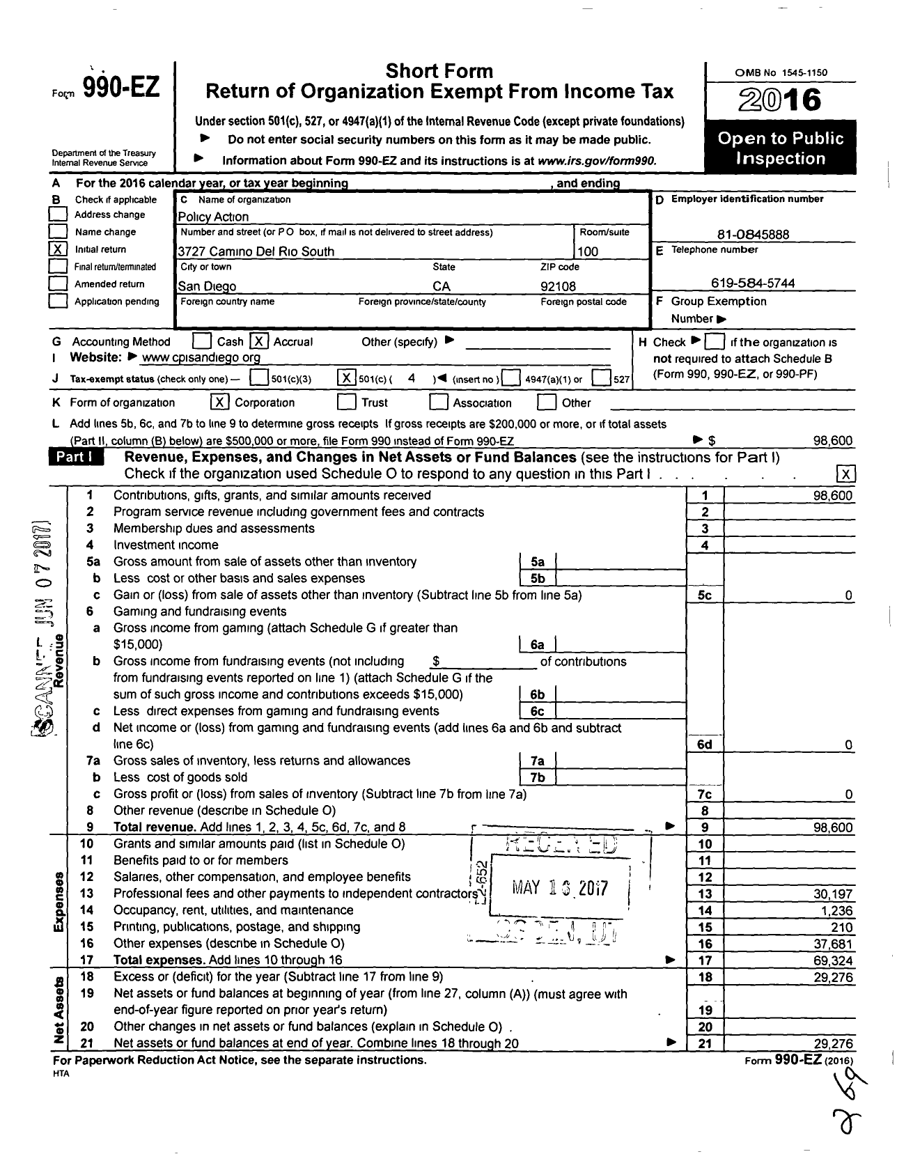 Image of first page of 2016 Form 990EO for Policy Action