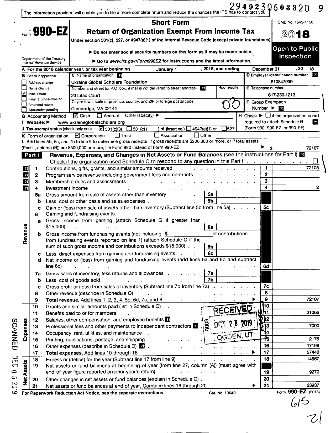 Image of first page of 2018 Form 990EZ for Ukraine Global Scholars Foundation