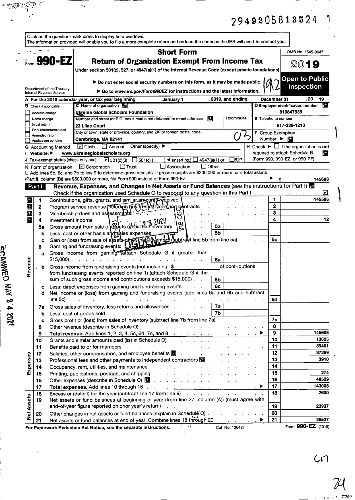 Image of first page of 2019 Form 990EZ for Ukraine Global Scholars Foundation