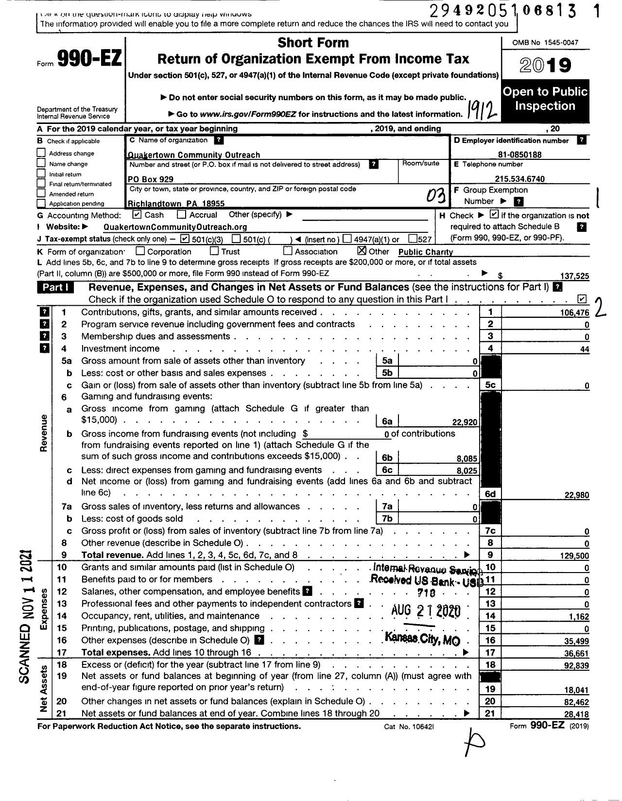 Image of first page of 2019 Form 990EZ for Quakertown Community Outreach