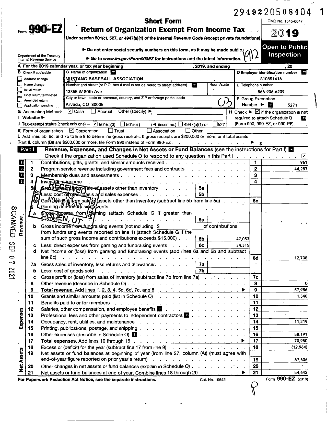 Image of first page of 2019 Form 990EZ for Mustang Baseball Association