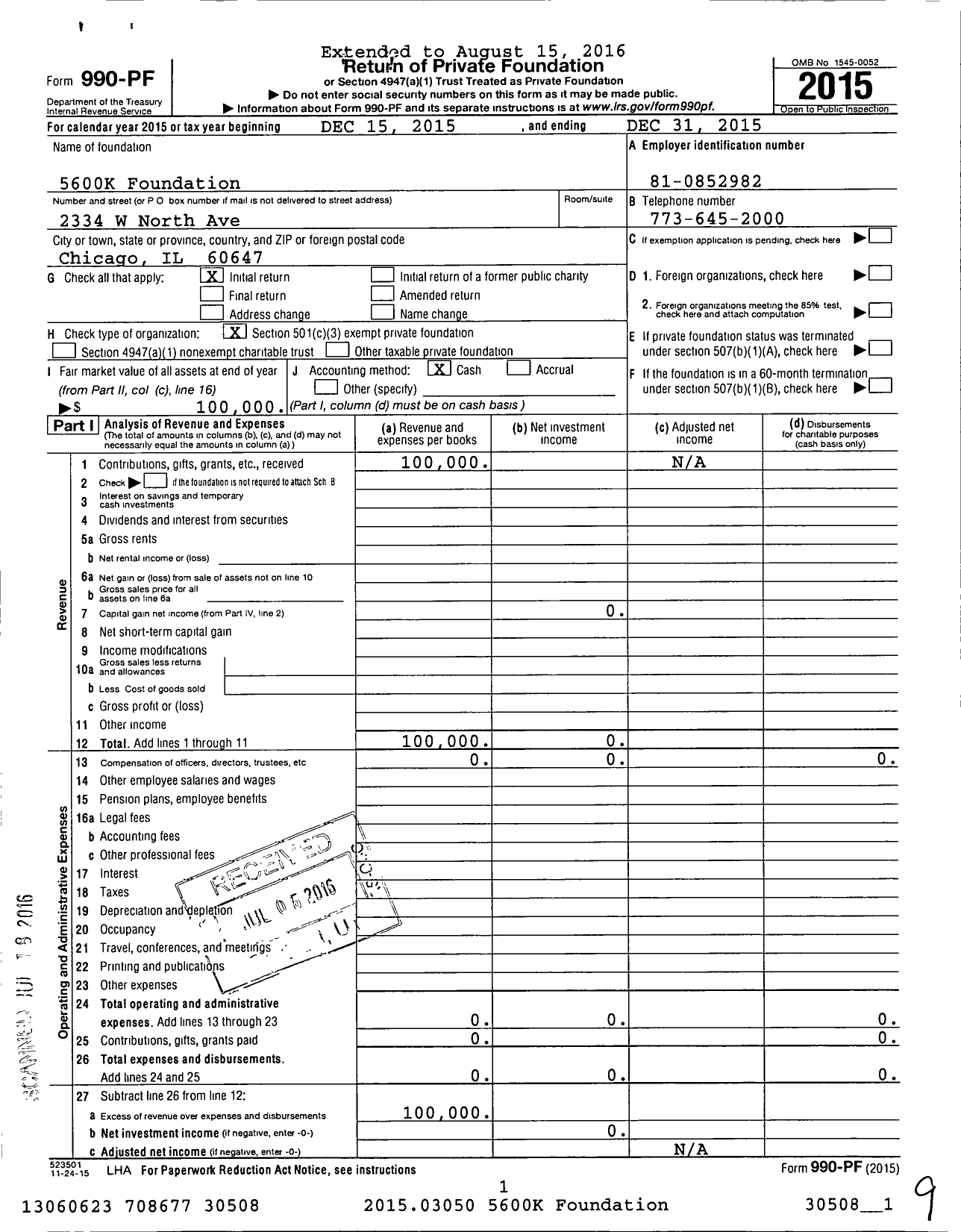 Image of first page of 2015 Form 990PF for 5600K Foundation