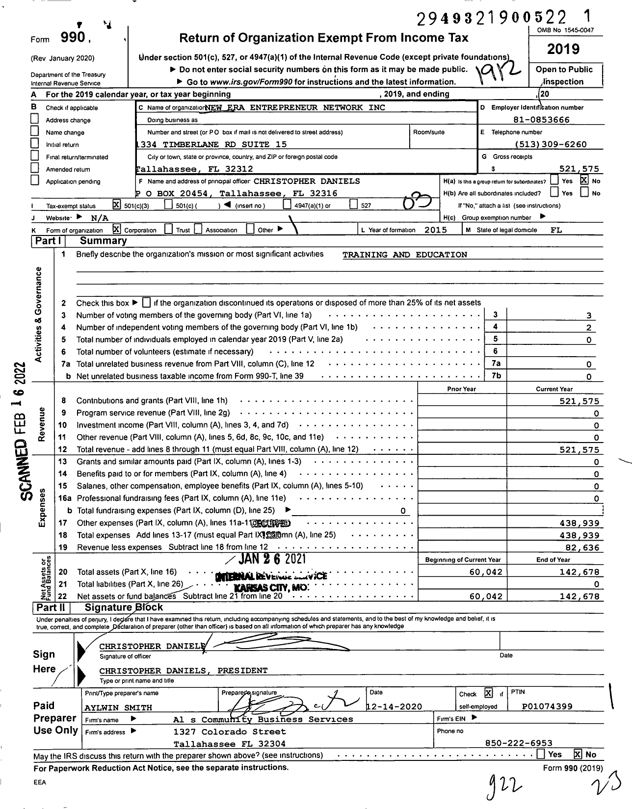 Image of first page of 2019 Form 990 for New Era Entrepreneur Network