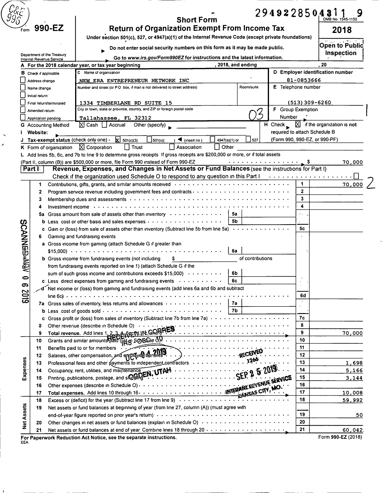 Image of first page of 2018 Form 990EZ for New Era Entrepreneur Network