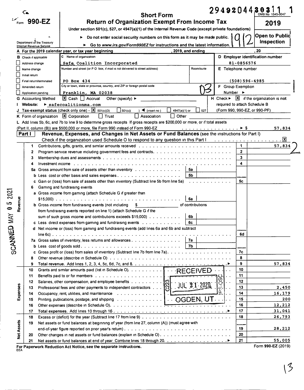 Image of first page of 2019 Form 990EZ for Safe Coalition Incorporated