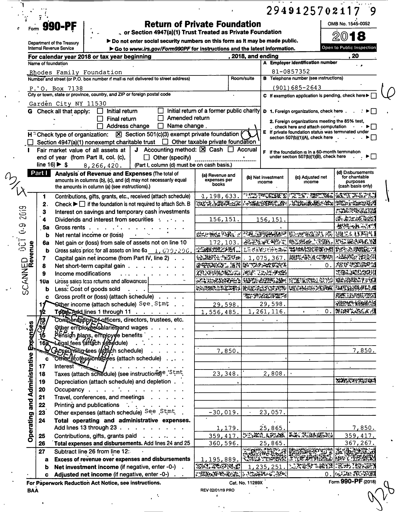 Image of first page of 2018 Form 990PF for Rhodes Family Foundation