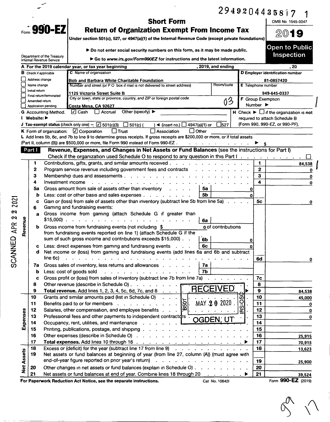 Image of first page of 2019 Form 990EZ for Bob and Barbara White Charitable Foundation