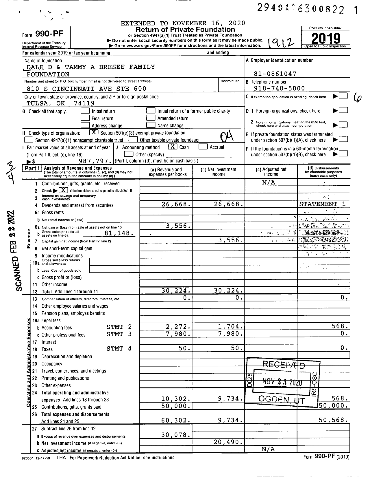 Image of first page of 2019 Form 990PF for Dale D and Tammy A Bresee Family Foundation