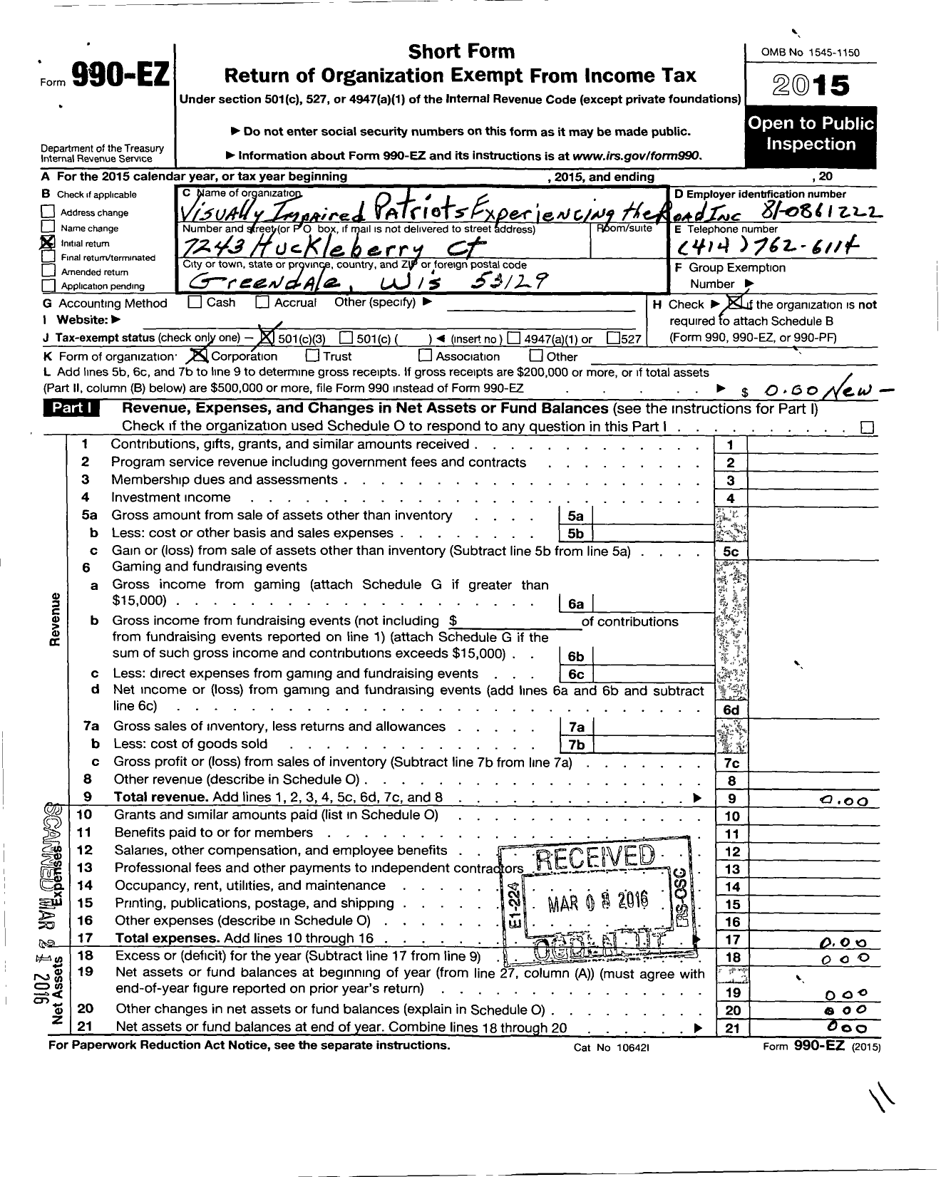 Image of first page of 2015 Form 990EZ for Visually Impaired Patriots Experiencing the Road