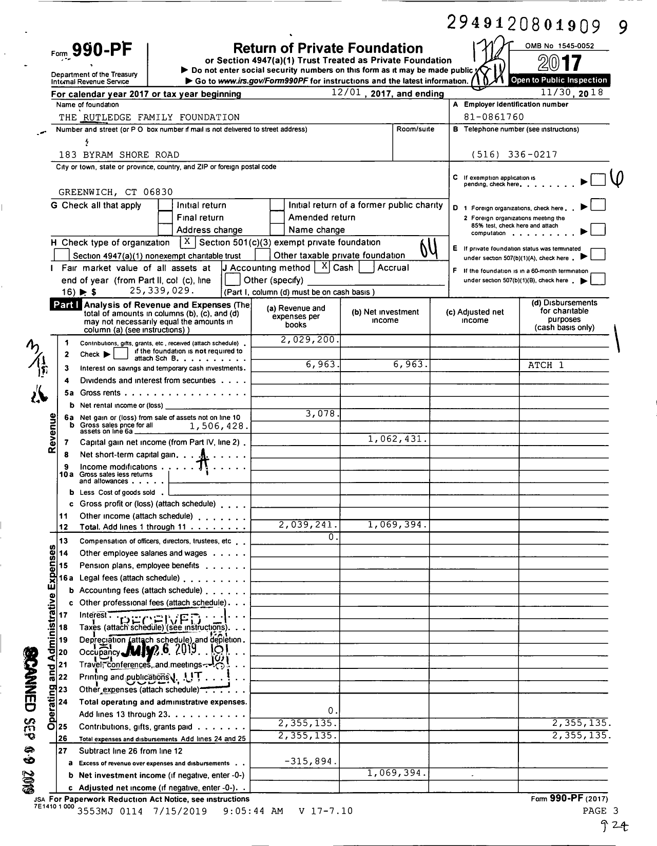 Image of first page of 2017 Form 990PF for The Rutledge Family Foundation