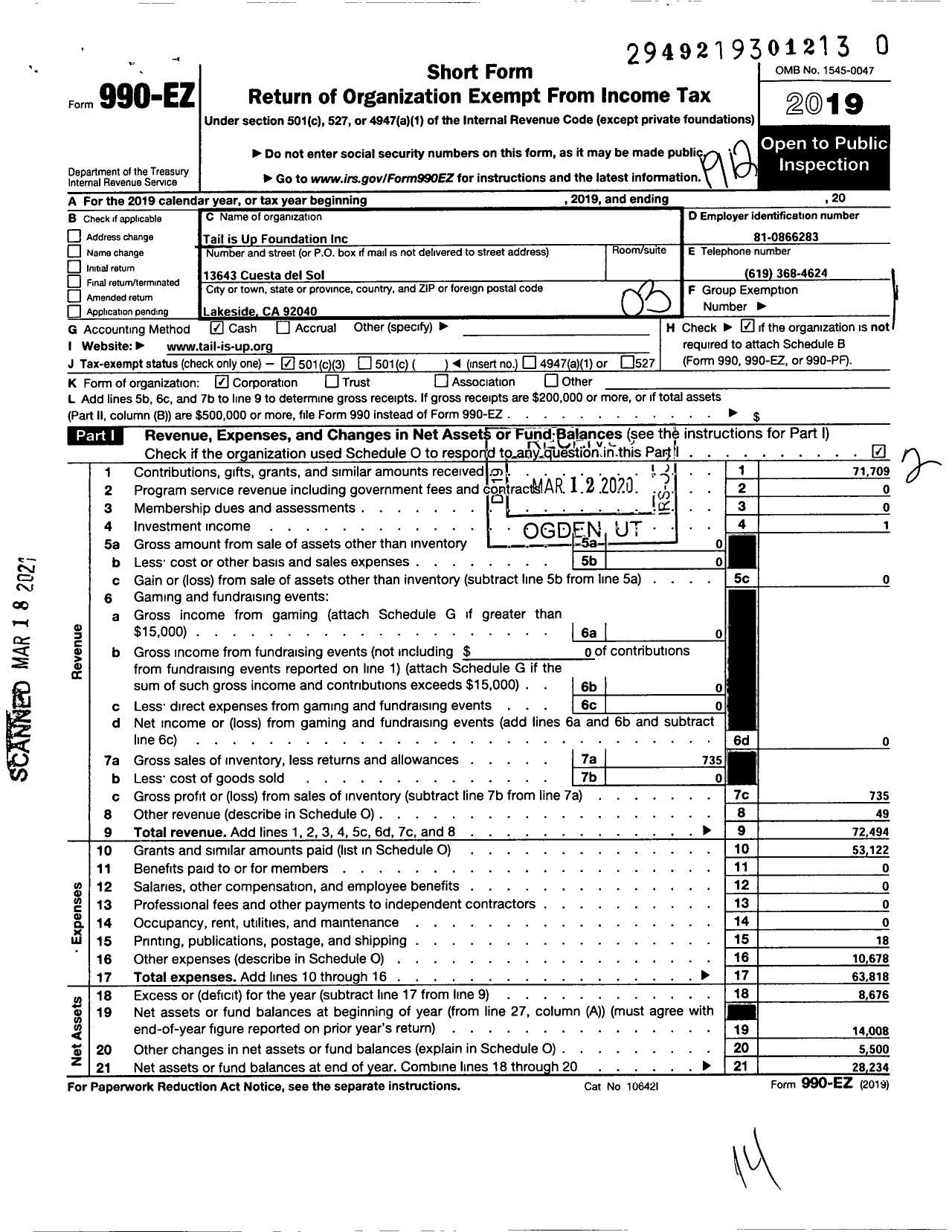 Image of first page of 2019 Form 990EZ for Tail Is Up Foundation