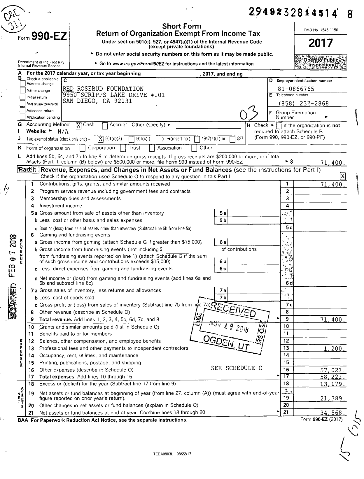 Image of first page of 2017 Form 990EZ for Red RoseBud Foundation