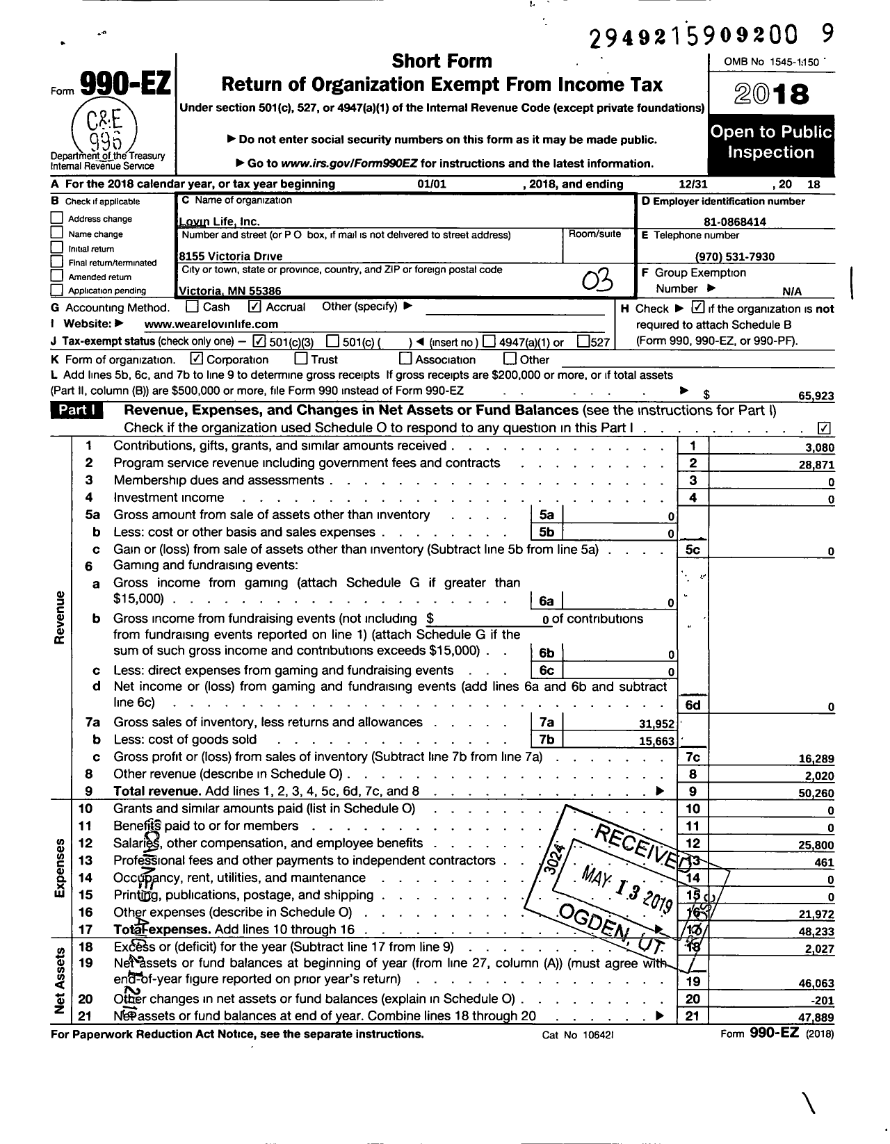 Image of first page of 2018 Form 990EZ for Lovin Life