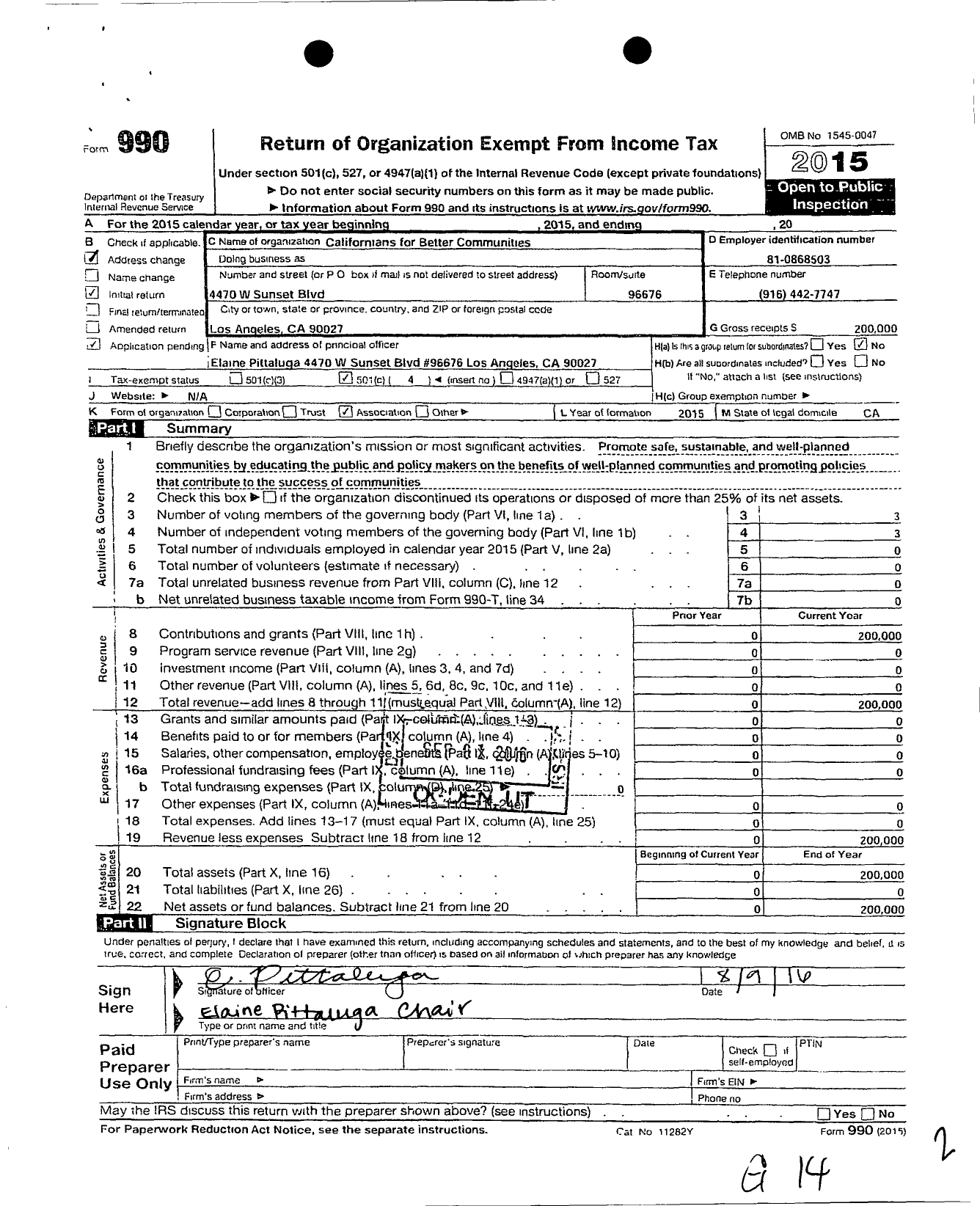 Image of first page of 2015 Form 990O for Californians for Better Communities