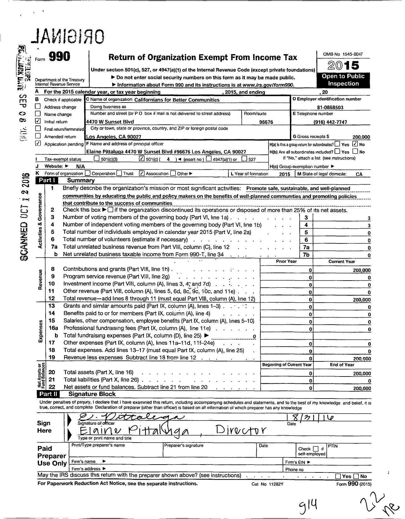 Image of first page of 2015 Form 990O for Californians for Better Communities